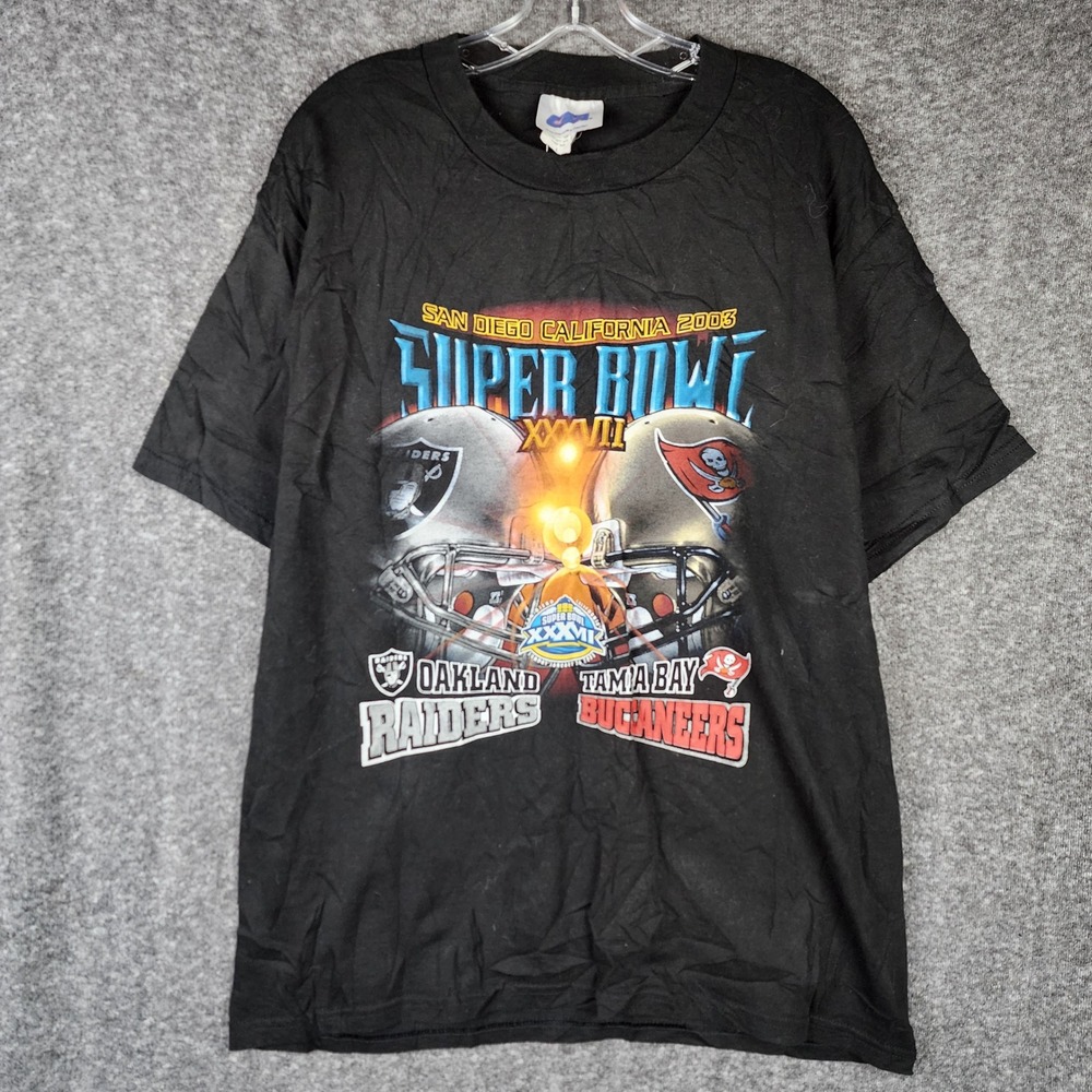 CSA Super Bowl XXXVII T-Shirt Men Large Black Vintage 2003 Raiders Buccaneers